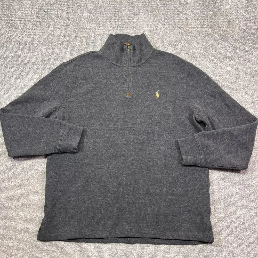 Polo Ralph Lauren Sweater Mens Large Gray Cotton 1/4 Zip Mock Neck Pullover Logo